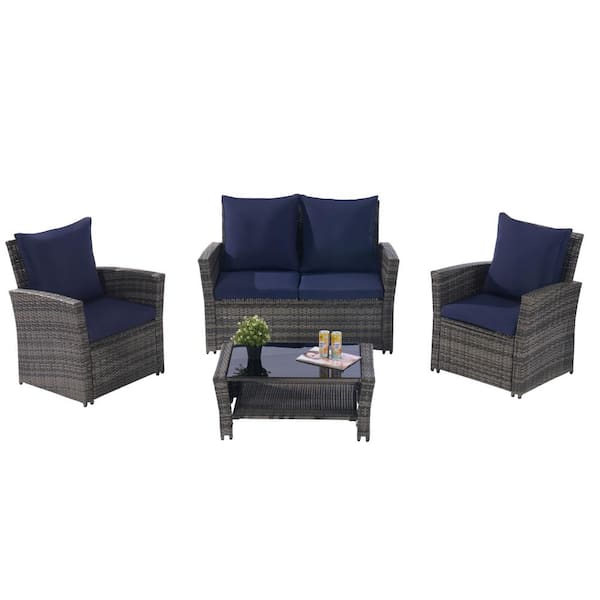 Angel Sar 4-Piece Dark Gray Wicker Patio Conversation Set with Tempered Glass Coffee Table and Dark Blue Cushions