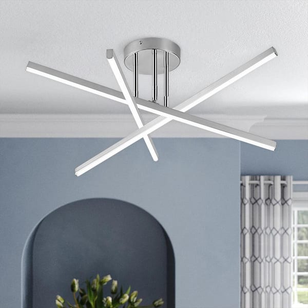 RRTYO Highlandville 23.8 in. 3-Light Chrome 6000K Dimmable Integrated LED Ceiling Light Modern Linear Sputnik Semi-Flush Mount