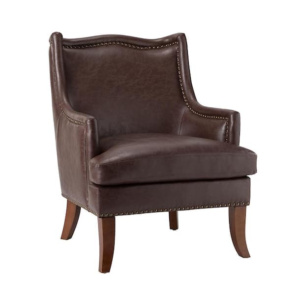JAYDEN CREATION Laurenz Brown Vegan Leather Armchair with Nailhead Trim