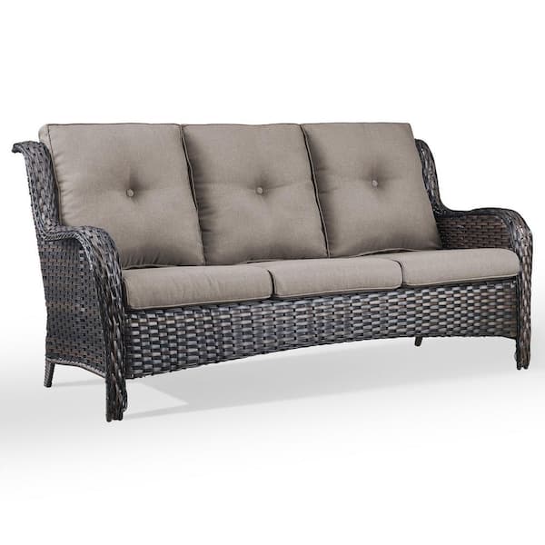 1-Piece Brown Wicker Patio Conversation Outdoor Couch, Patio Sofa with Gray Cushions