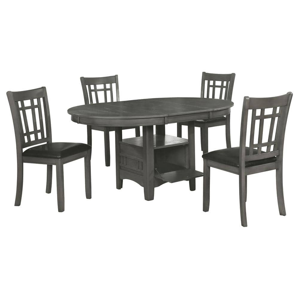 Lavon Medium Gray Oval Dining Set with Black Faux Leather Chairs