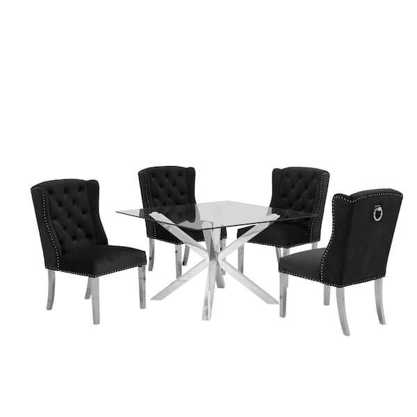 Best Quality Furniture Anitta 5-Piece Square Glass Top With Stainless Steel Base Table Set With 4 Black Velvet Chairs With Back Ring Handle