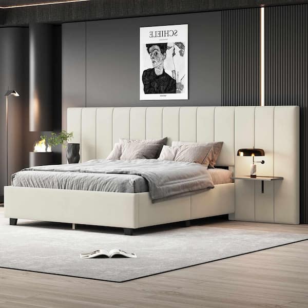 Beige Wood Frame Queen Size Platform Bed with Big Headboard