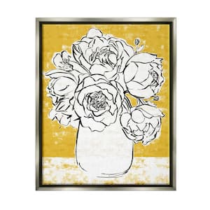 Peony Sketch Bouquet Contrasted Distressed Yellow by Annie Warren Floater Frame Nature Wall Art Print 17 in. x 21 in.