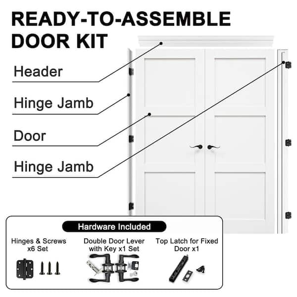 60 in. x 80 in. Paneled Blank 3-Lite White Solid Core MDF Universal Handed Double Prehung French Door with Assemble Jamb