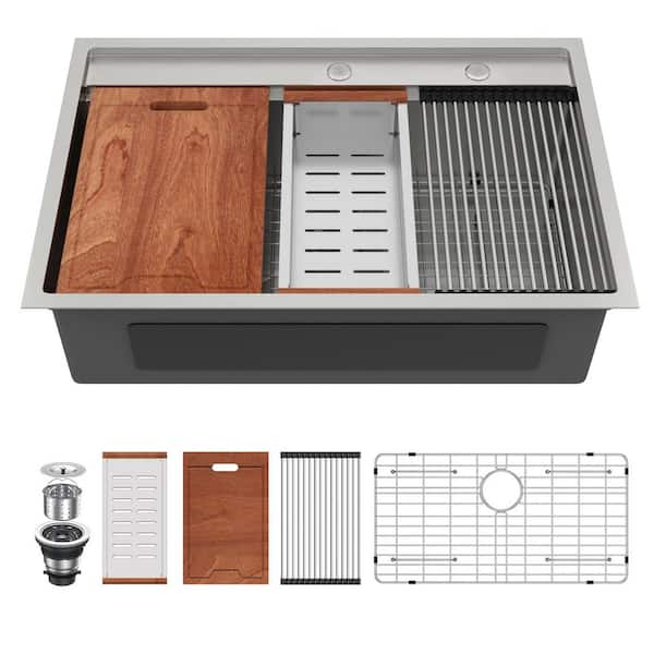 LORDEAR 33 in.x 22 in.Workstation Single Bowl 16-Gauge Stainless Steel Drop-In Kitchen Sink with Bottom Grid