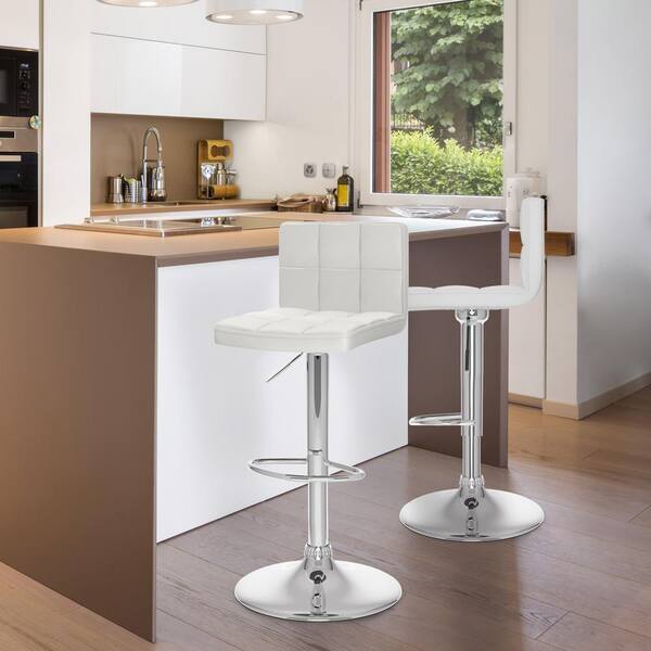 CORLIVING Adjustable White Leatherette High Back Bar Stool Set of