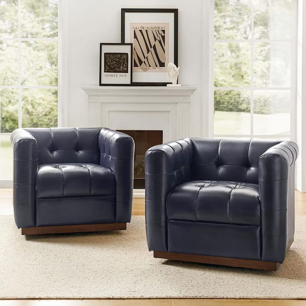 Gunther Navy Genuine Leather Swivel Club Chair Set of 2 with Wooden Apron