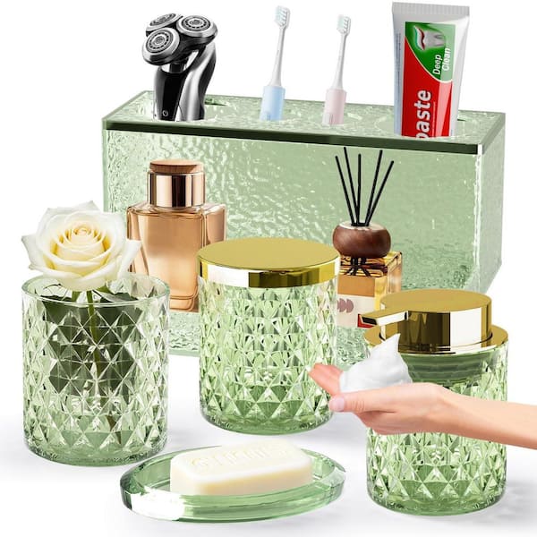 5-Piece Glass Bathroom Accessories Set in Green, Foaming Soap Dispenser, Soap Dish, Cup and Toothbrush Holder