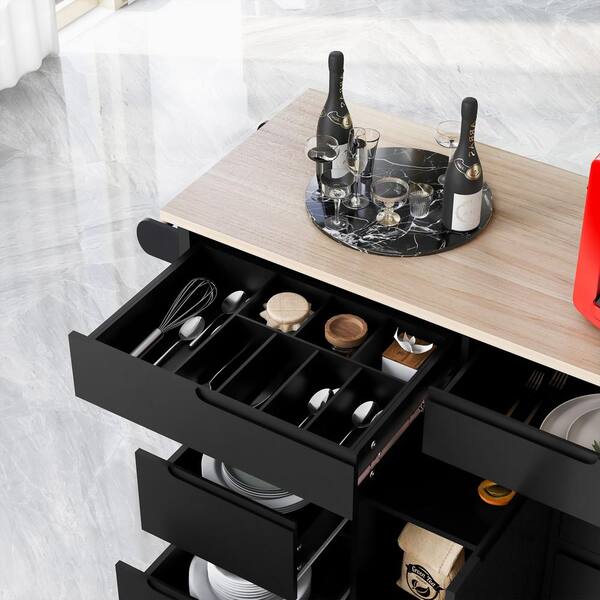 Black Wood Kitchen Cart for Kitchen with 8 Handle-Free Drawers and 