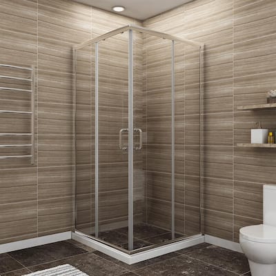 36 in. x 72 in. Corner Shower Enclosure Clear Glass Double Sliding Doors with Handle Brushed Nickel ( Base not Included)