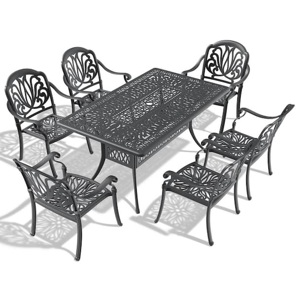 Runesay 7-Piece Set Of Cast Aluminum Patio Outdoor Dining Set with Random Colors Cushions and Black Frame