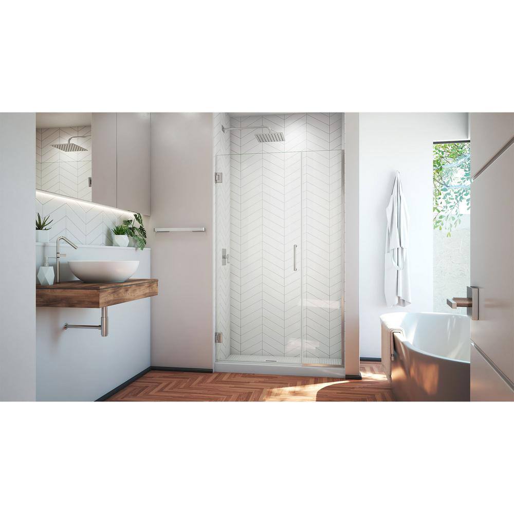 Unidoor Plus 44" Frameless Clear Glass Hinged Shower Door in Black