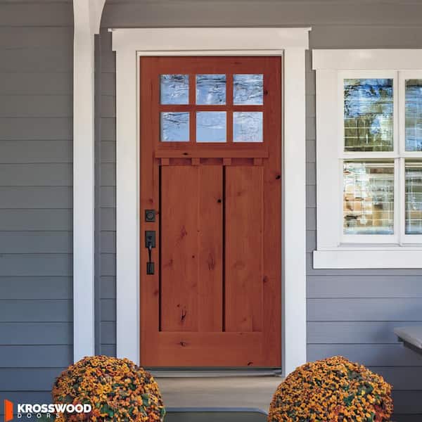 36 in. x 80 in. Knotty Alder Right-Hand/Inswing 6 Lite Beveled Clear Glass Amaretto Stain Wood Prehung Front Door w/ DS