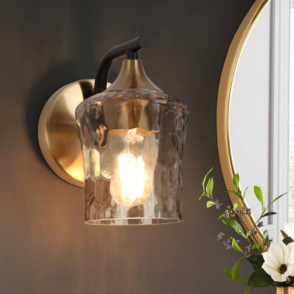 Jallie Classic 1-Light Brass Gold Water Glass Wall Sconce, Contemporary Cylinder Vanity Light Black Wall Light
