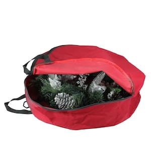 36 in. Artificial Red and Black Heavy-Duty Polyester Zip Up Christmas Wreath Storage Bag