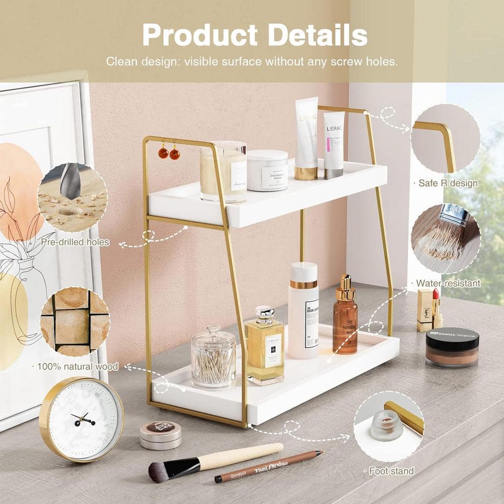 White and Gold 2-Tier Wooden Bathroom Organizer Tray
