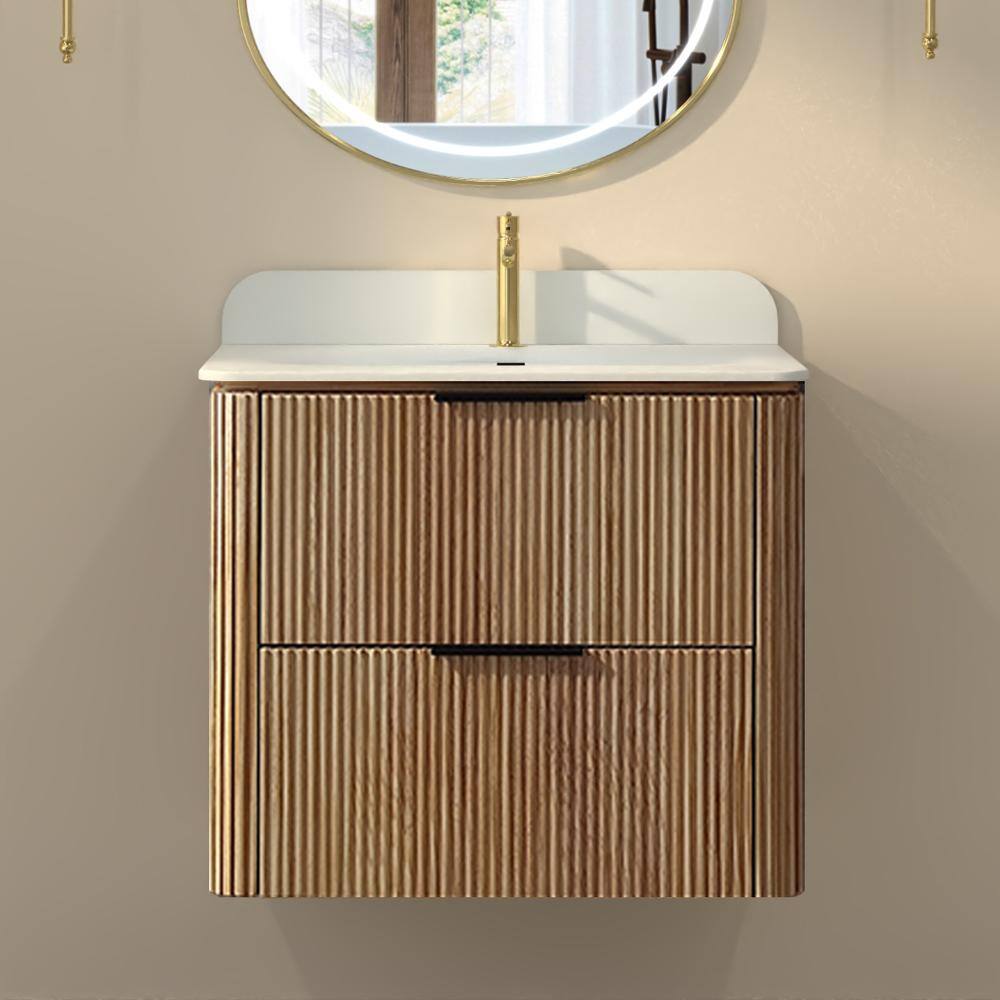 24 in. Wall-Mounted Bathroom Vanity in Oak Finish with Solid Wood Cabinet and One-Piece Acrylic Countertop price history on PriceWatchPro