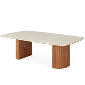 Havrvin 78.74 in. Rectangular White and Brown Travertine Slab Computer Desk with Semi-Circular Base in Wax Wood Finish