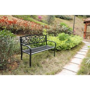 Black Patio Garden Park Yard 50 in. Outdoor Steel Bench Powder Coated with Cast Iron Back