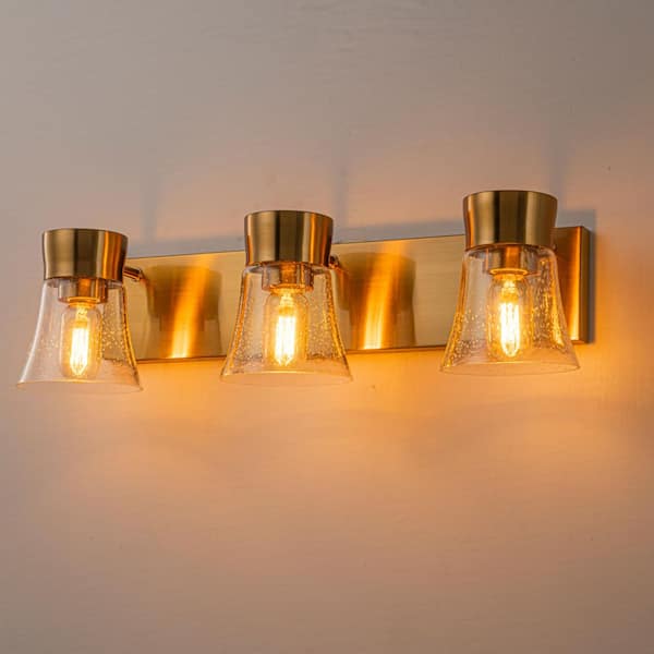 Vermeer 23.6 in. 3-Light Gold Bathroom Vanity Light with Seeded Glass Shade
