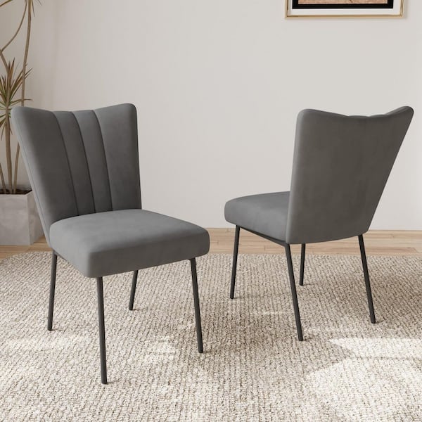 Gray Velvet Upholstered Back Dining Side Chair with StableSteel Legs, Set of 2