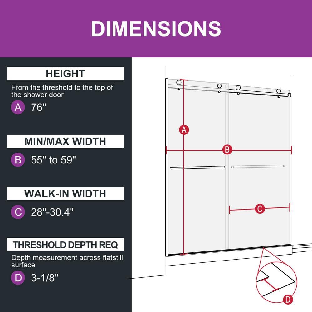 Oceanus 59" Matte Black Frameless Sliding Shower Door with Clear Glass