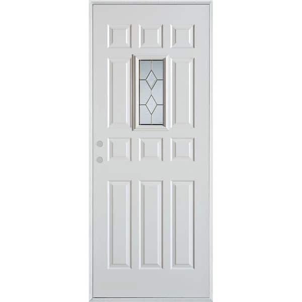 Stanley Doors 32 in. x 80 in. Geometric Brass Rectangular Lite 12-Panel Painted White Right-Hand Inswing Steel Prehung Front Door
