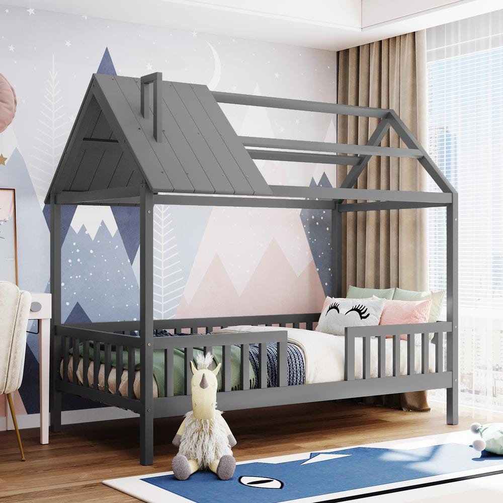 ANBAZAR Gray Twin Size Kids House Bed Platform Bed with Roof and Safety Rail, Wood Kids Canopy Bed Frame with Fence