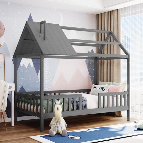 Gray Twin Size Kids House Bed Platform Bed with Roof and Safety Rail, Wood  Kids Canopy Bed Frame with Fence