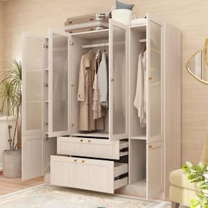 Beige Wood Grain 63 in. W Frosted Glass Doors Armoires with Hanging Rods, Drawers and Shelves 70.9 in. H x 19.7 in. D