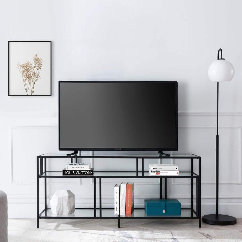 Cortland Industrial Blackened Bronze 55" TV Stand with Glass Shelves