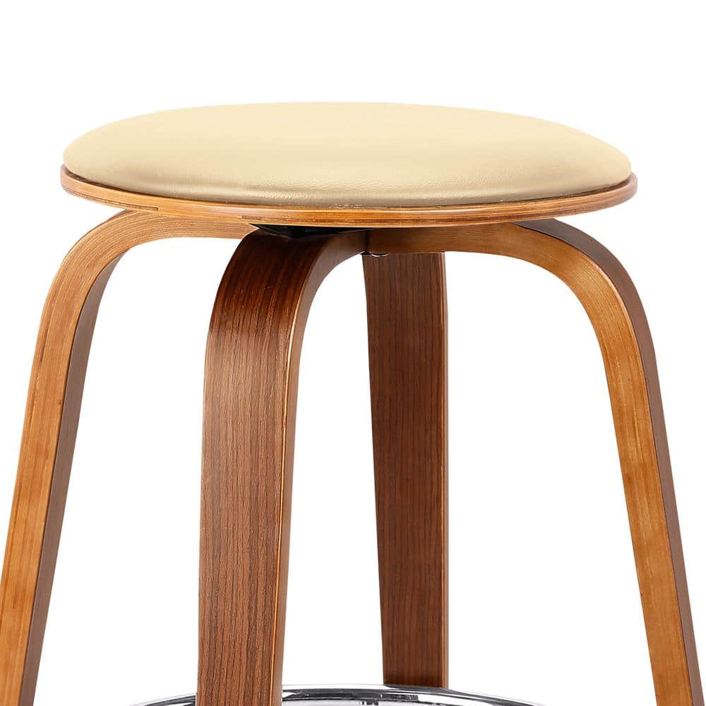 Cream and Walnut Swivel Backless Mid-Century Modern Bar Stool