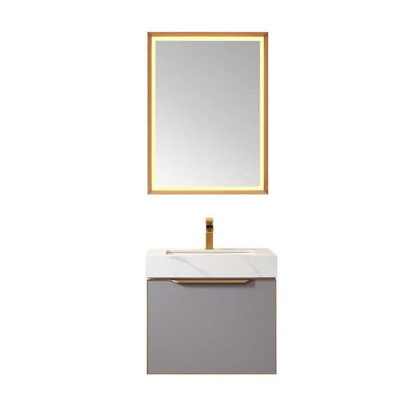 ROSWELL Alicante 24 in. W x 21 in. D x 22 in. H Single Sink Bath Vanity in Grey with White Composite Stone Top and Mirror