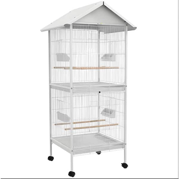 67 in. Metal Bird Cage with Feeder, Rolling Stand, Perches, Food Containers, Doors and Wheels, White Bird House