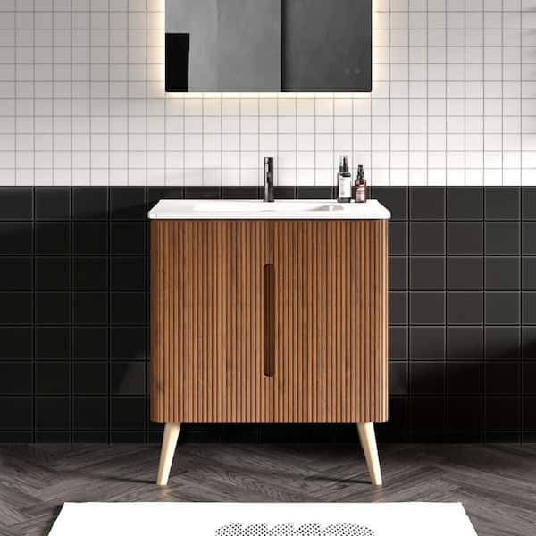 30 in. W Single Sink Freestanding Bath Vanity in Walnut with White Ceramic Top, 4-Soild Wood Legs