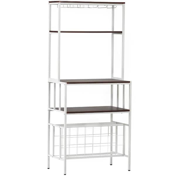 Unbranded 24-Bottles Industrial Modern 5-Tier Baker Rack Freestanding Bar Wine Rack Table with Glass& Cup Holders&Hooks White
