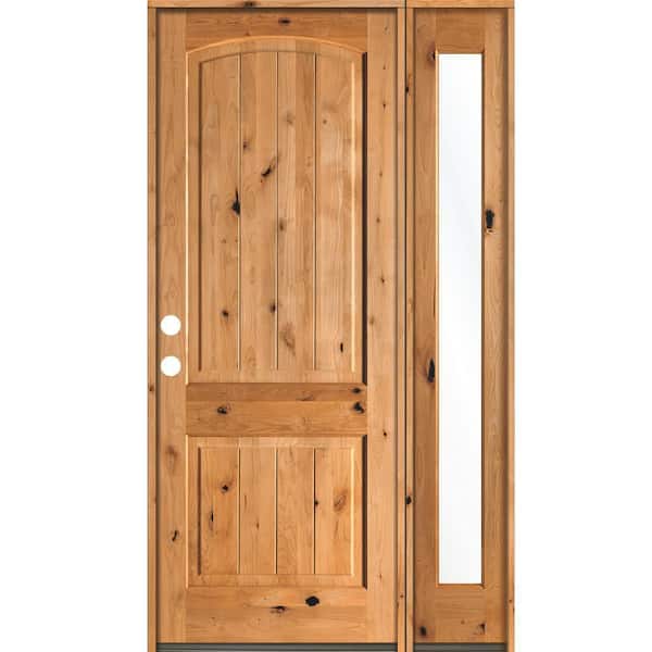 Krosswood Doors 44 in. x 96 in. Rustic knotty alder 2 Panel Right-Hand/Inswing Clear Glass Clear Stain Wood Prehung Front Door with RFSL
