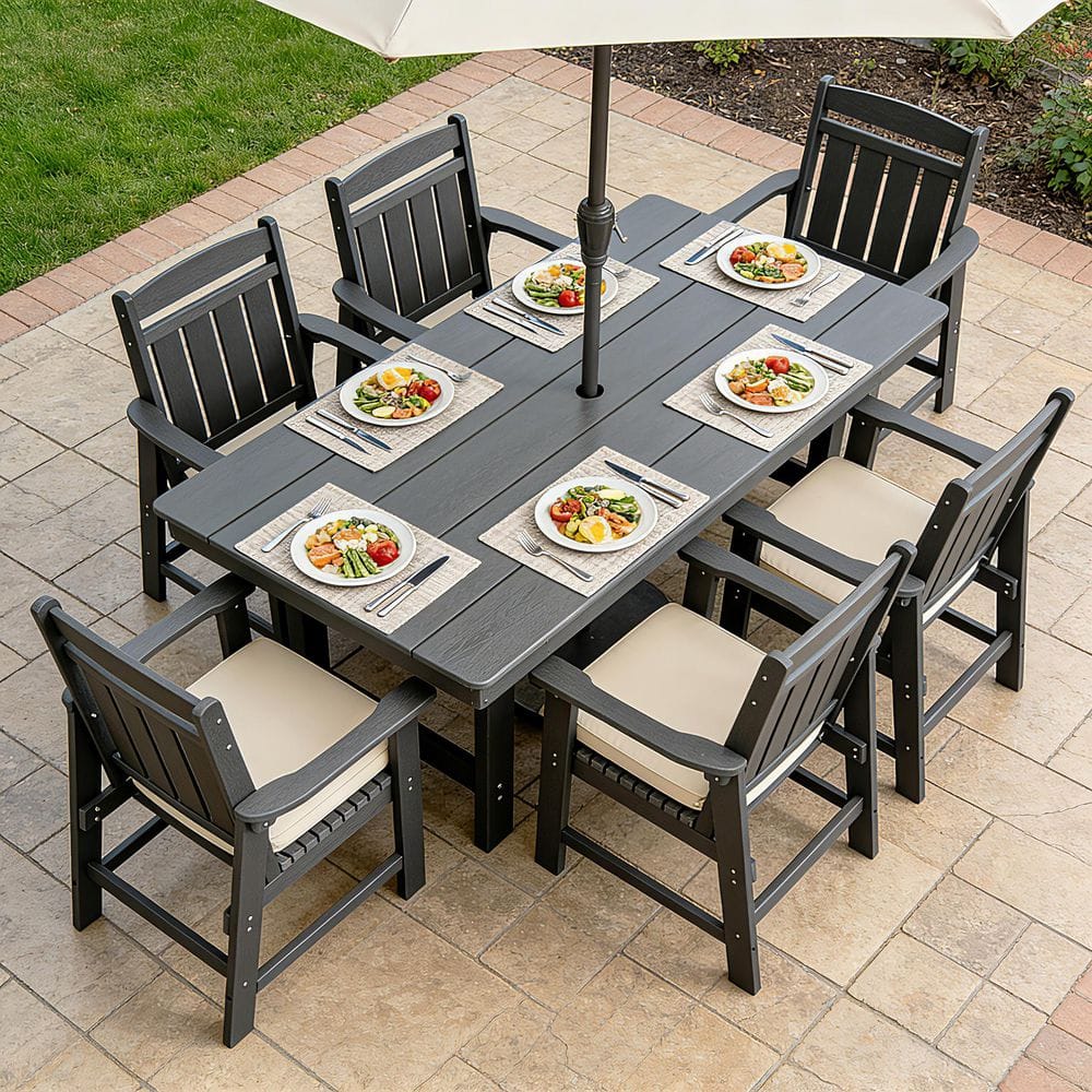 7-Piece Gray HDPE Plastic Outdoor Dining Set, Extra Large Table with Umbrella Hole and 6 Slat Back Chairs price history on PriceWatchPro