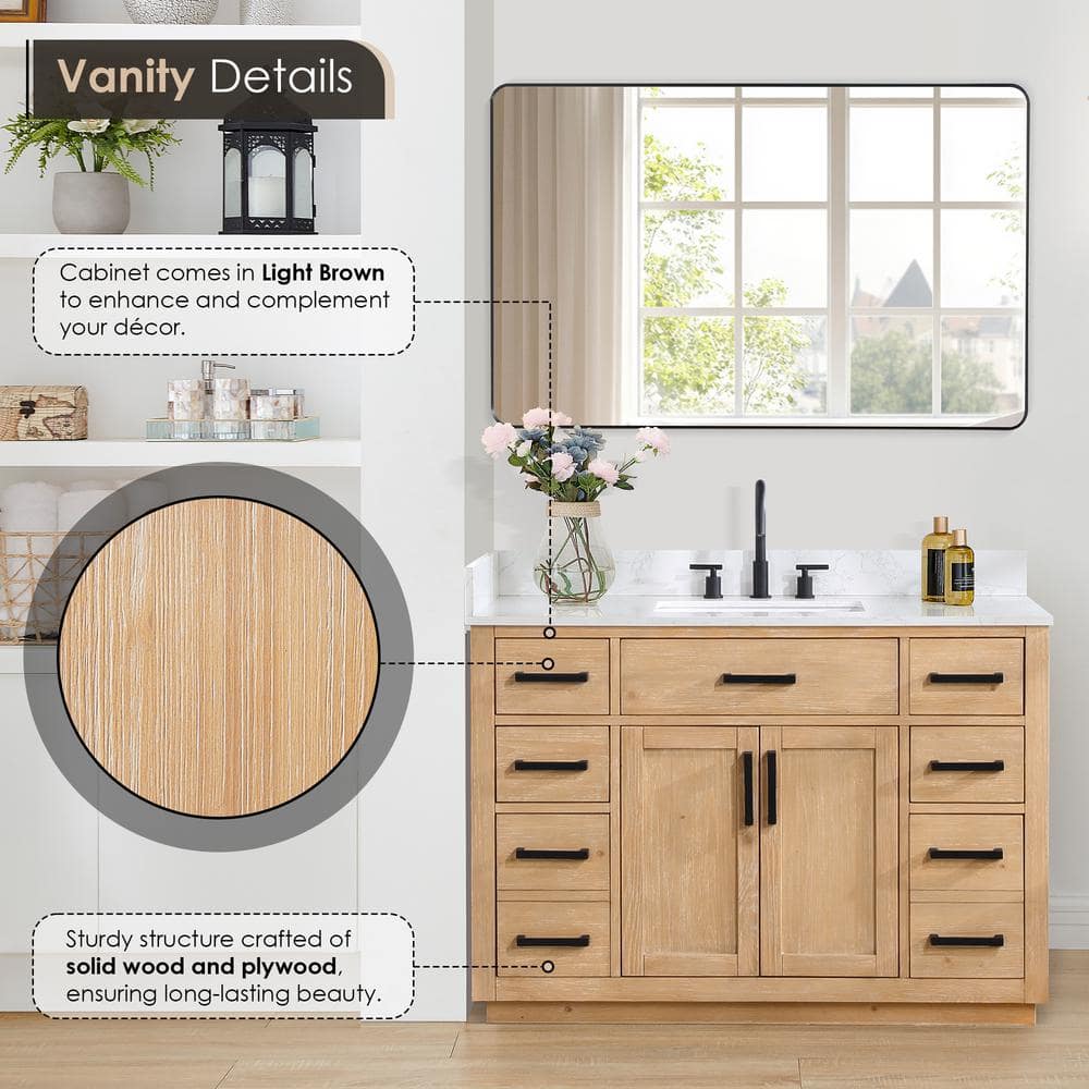 Gavino 48" Light Brown Wood Vanity with Mirror and Stone Top