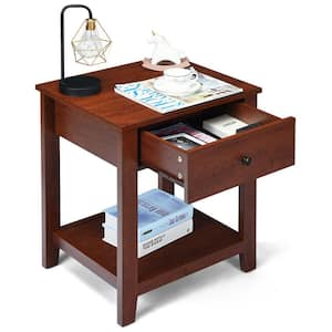 20 in. Brown 23.5 in. Rectangular Particleboard End table Nightstand with 1-Drawer and Open Shelf