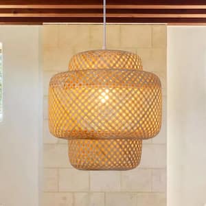 1-Light Natural Adjustable Pendant Light with Rattan Shaded for Living Room, No Bulbs Included