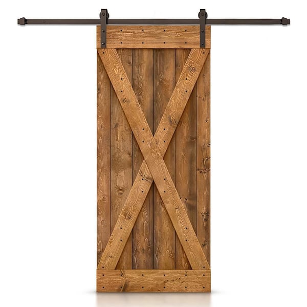 44 in. x 80 in. Distressed X Series Solid Core Walnut Stained Assembly Required Wood Sliding Barn Door with Hardware Kit