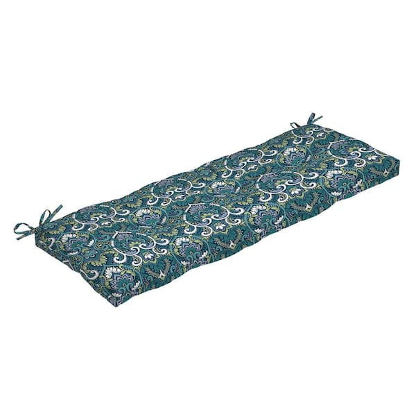 ARDEN Rectangle Outdoor Plush Modern Tufted Bench Cushion, Sapphire Aurora Blue Damask