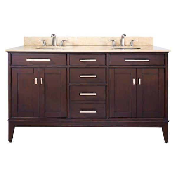 Avanity Madison 61 in. W x 22 in. D x 35 in. H Vanity in Light Espresso with Marble Vanity Top in Galala Beige and White Basins