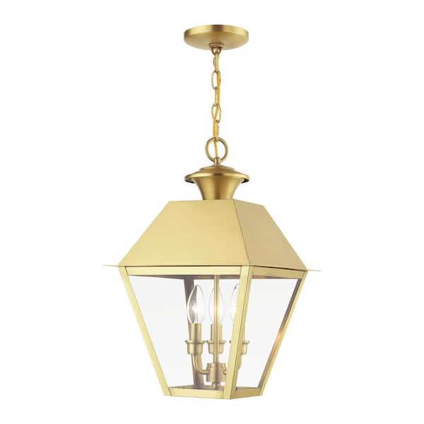 AVIANCE LIGHTING Helmsdale 19 in. 3-Light Natural Brass Dimmable Outdoor Pendant Light with Clear Glass and No Bulbs Included