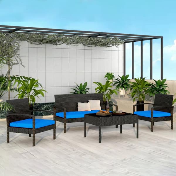 Tunearary Black 4-Piece Patio Rattan Conversation Chair Set with Dark Blue Cushion