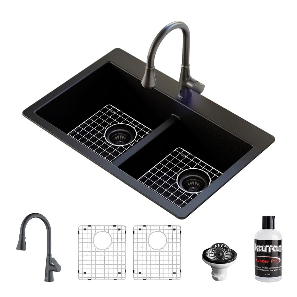 Karran QT- 810 qt. 33 in. 50/50 Double Bowl Drop-In Kitchen Sink in Black with Faucet in Gunmetal Grey -  QT810BLKKF340GG
