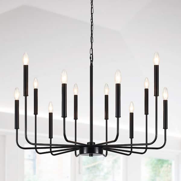 Modern 12-Light Large Black Linear Candlestick Chandelier Farmhouse Vintage Pendant Light