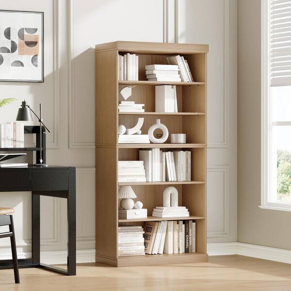 Dovelina 67 in. Tall Natural Wood 6-Shelf Standard Bookcase with